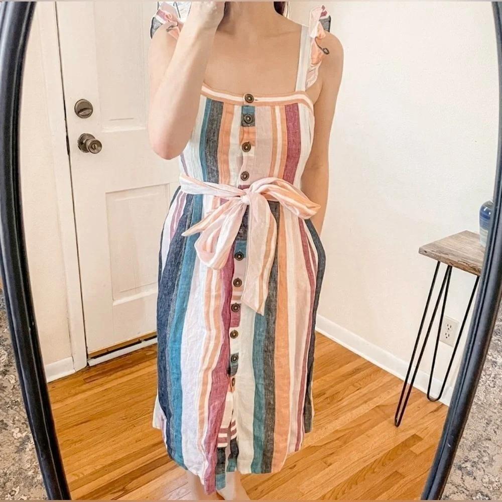 J.CREW | NWT BUTTON UP MIDI DRESS IN MIXED COLORED STRIPES SIZE 6 LINEN